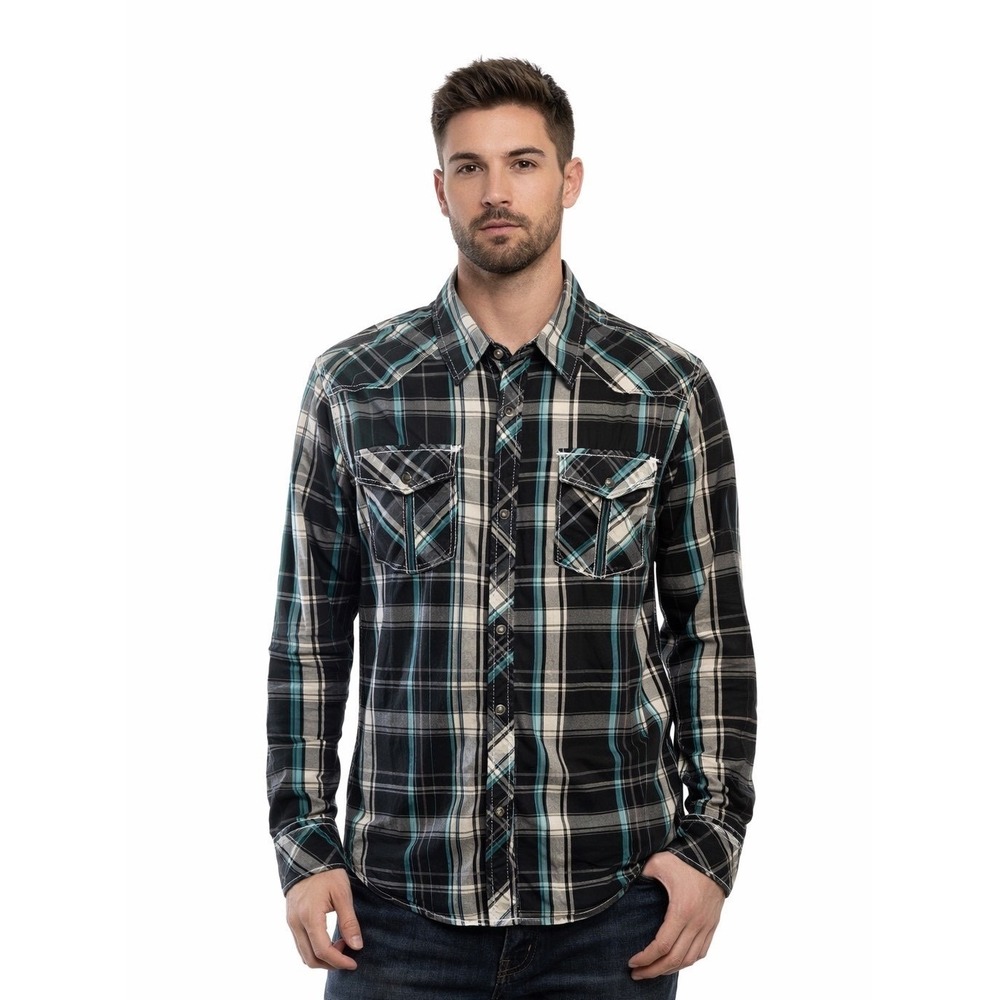 BKE Shirt L‎ Plaid Black Blue Pearl Snap Button Western Palm Desert Retro Cowboy